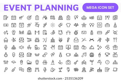 Conjunto de iconos de planificación de eventos. Iconos elegantes y funcionales para los organizadores, perfectos para la programación, la gestión de lugares y la promoción de eventos, ideales para App, Sitios web y materiales de marketing.