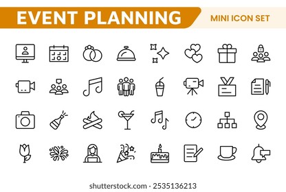 Symbolsatz für die Ereignisplanung. Stilvolle und funktionale Symbole für Organisatoren, ideal für Terminplanung, Veranstaltungsmanagement und Event-Promotion, ideal für Apps, Websites und Marketingmaterialien.