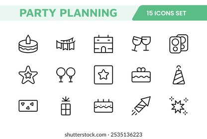 Symbolsatz für die Ereignisplanung. Stilvolle und funktionale Symbole für Organisatoren, ideal für Terminplanung, Veranstaltungsmanagement und Event-Promotion, ideal für Apps, Websites und Marketingmaterialien.