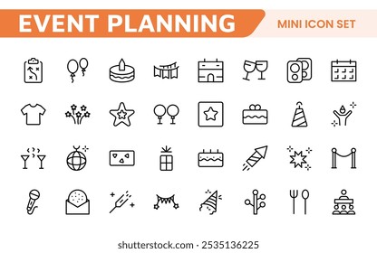 Symbolsatz für die Ereignisplanung. Stilvolle und funktionale Symbole für Organisatoren, ideal für Terminplanung, Veranstaltungsmanagement und Event-Promotion, ideal für Apps, Websites und Marketingmaterialien.