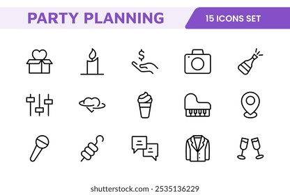 Symbolsatz für die Ereignisplanung. Stilvolle und funktionale Symbole für Organisatoren, ideal für Terminplanung, Veranstaltungsmanagement und Event-Promotion, ideal für Apps, Websites und Marketingmaterialien.