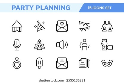 Symbolsatz für die Ereignisplanung. Stilvolle und funktionale Symbole für Organisatoren, ideal für Terminplanung, Veranstaltungsmanagement und Event-Promotion, ideal für Apps, Websites und Marketingmaterialien.