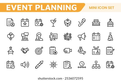 Symbolsatz für die Ereignisplanung. Stilvolle und funktionale Symbole für Organisatoren, ideal für Terminplanung, Veranstaltungsmanagement und Event-Promotion, ideal für Apps, Websites und Marketingmaterialien.