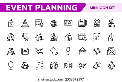 Symbolsatz für die Ereignisplanung. Stilvolle und funktionale Symbole für Organisatoren, ideal für Terminplanung, Veranstaltungsmanagement und Event-Promotion, ideal für Apps, Websites und Marketingmaterialien.