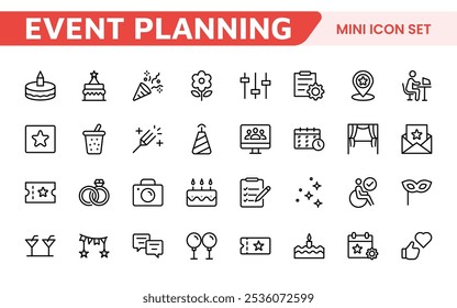 Symbolsatz für die Ereignisplanung. Stilvolle und funktionale Symbole für Organisatoren, ideal für Terminplanung, Veranstaltungsmanagement und Event-Promotion, ideal für Apps, Websites und Marketingmaterialien.