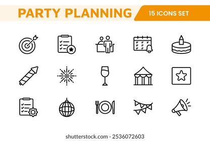 Symbolsatz für die Ereignisplanung. Stilvolle und funktionale Symbole für Organisatoren, ideal für Terminplanung, Veranstaltungsmanagement und Event-Promotion, ideal für Apps, Websites und Marketingmaterialien.