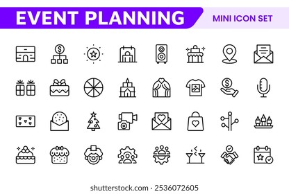 Symbolsatz für die Ereignisplanung. Stilvolle und funktionale Symbole für Organisatoren, ideal für Terminplanung, Veranstaltungsmanagement und Event-Promotion, ideal für Apps, Websites und Marketingmaterialien.