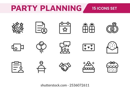 Symbolsatz für die Ereignisplanung. Stilvolle und funktionale Symbole für Organisatoren, ideal für Terminplanung, Veranstaltungsmanagement und Event-Promotion, ideal für Apps, Websites und Marketingmaterialien.