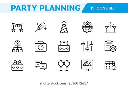 Symbolsatz für die Ereignisplanung. Stilvolle und funktionale Symbole für Organisatoren, ideal für Terminplanung, Veranstaltungsmanagement und Event-Promotion, ideal für Apps, Websites und Marketingmaterialien.