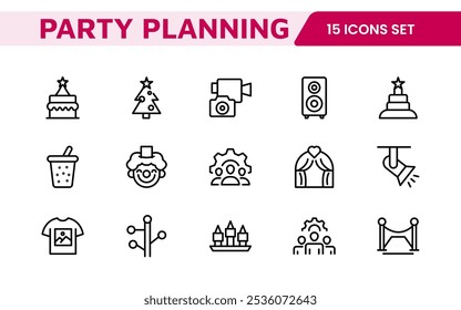 Symbolsatz für die Ereignisplanung. Stilvolle und funktionale Symbole für Organisatoren, ideal für Terminplanung, Veranstaltungsmanagement und Event-Promotion, ideal für Apps, Websites und Marketingmaterialien.