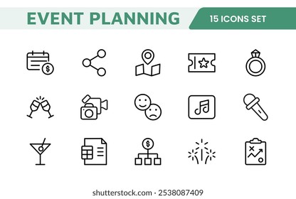 Event Planning Icon Set. Stylish and functional icons for organizers, perfect for scheduling, venue management, and event promotion, ideal for apps, websites, and marketing materials.