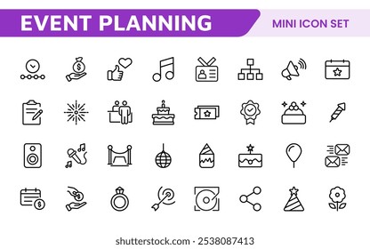 Symbolsatz für die Ereignisplanung. Stilvolle und funktionale Symbole für Organisatoren, ideal für Terminplanung, Veranstaltungsmanagement und Event-Promotion, ideal für Apps, Websites und Marketingmaterialien.
