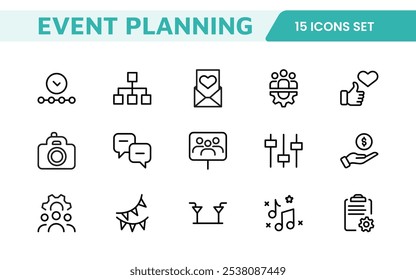 Symbolsatz für die Ereignisplanung. Stilvolle und funktionale Symbole für Organisatoren, ideal für Terminplanung, Veranstaltungsmanagement und Event-Promotion, ideal für Apps, Websites und Marketingmaterialien.