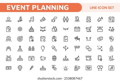 Symbolsatz für die Ereignisplanung. Stilvolle und funktionale Symbole für Organisatoren, ideal für Terminplanung, Veranstaltungsmanagement und Event-Promotion, ideal für Apps, Websites und Marketingmaterialien.