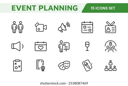 Event Planning Icon Set. Stylish and functional icons for organizers, perfect for scheduling, venue management, and event promotion, ideal for apps, websites, and marketing materials.