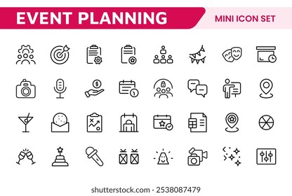 Symbolsatz für die Ereignisplanung. Stilvolle und funktionale Symbole für Organisatoren, ideal für Terminplanung, Veranstaltungsmanagement und Event-Promotion, ideal für Apps, Websites und Marketingmaterialien.