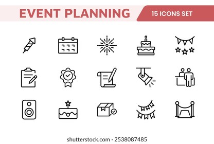 Event Planning Icon Set. Stylish and functional icons for organizers, perfect for scheduling, venue management, and event promotion, ideal for apps, websites, and marketing materials.