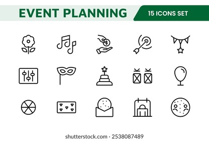Symbolsatz für die Ereignisplanung. Stilvolle und funktionale Symbole für Organisatoren, ideal für Terminplanung, Veranstaltungsmanagement und Event-Promotion, ideal für Apps, Websites und Marketingmaterialien.
