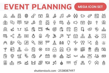 Event Planning Icon Set. Stylish and functional icons for organizers, perfect for scheduling, venue management, and event promotion, ideal for apps, websites, and marketing materials.