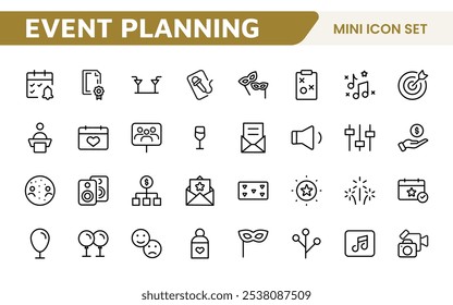 Event Planning Icon Set. Stylish and functional icons for organizers, perfect for scheduling, venue management, and event promotion, ideal for apps, websites, and marketing materials.