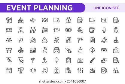 Symbolsatz für die Ereignisplanung. Stilvolle und funktionale Symbole für Organisatoren, ideal für Terminplanung, Veranstaltungsmanagement und Event-Promotion, ideal für Apps, Websites und Marketingmaterialien.