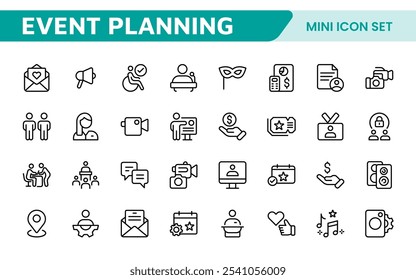 Symbolsatz für die Ereignisplanung. Stilvolle und funktionale Symbole für Organisatoren, ideal für Terminplanung, Veranstaltungsmanagement und Event-Promotion, ideal für Apps, Websites und Marketingmaterialien.