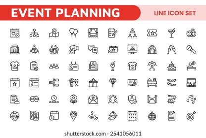 Ensemble D'Icônes Planification D'Événements. Des icônes élégantes et fonctionnelles pour les organisateurs, idéales pour les horaires, la gestion des lieux et la promotion des événements, idéales pour les applications, les sites web et les supports marketing.