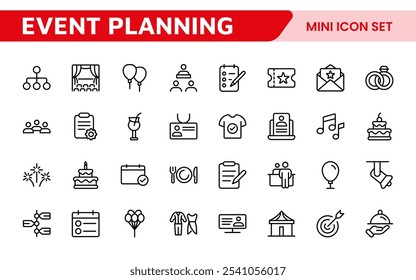 Event Planning Icon Set. Stylish and functional icons for organizers, perfect for scheduling, venue management, and event promotion, ideal for apps, websites, and marketing materials.