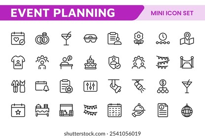 Symbolsatz für die Ereignisplanung. Stilvolle und funktionale Symbole für Organisatoren, ideal für Terminplanung, Veranstaltungsmanagement und Event-Promotion, ideal für Apps, Websites und Marketingmaterialien.
