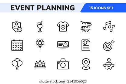 Symbolsatz für die Ereignisplanung. Stilvolle und funktionale Symbole für Organisatoren, ideal für Terminplanung, Veranstaltungsmanagement und Event-Promotion, ideal für Apps, Websites und Marketingmaterialien.