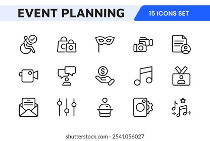 Symbolsatz für die Ereignisplanung. Stilvolle und funktionale Symbole für Organisatoren, ideal für Terminplanung, Veranstaltungsmanagement und Event-Promotion, ideal für Apps, Websites und Marketingmaterialien.