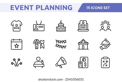 Symbolsatz für die Ereignisplanung. Stilvolle und funktionale Symbole für Organisatoren, ideal für Terminplanung, Veranstaltungsmanagement und Event-Promotion, ideal für Apps, Websites und Marketingmaterialien.