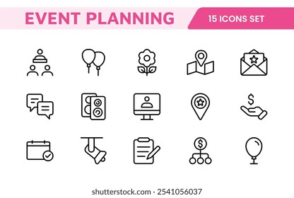 Symbolsatz für die Ereignisplanung. Stilvolle und funktionale Symbole für Organisatoren, ideal für Terminplanung, Veranstaltungsmanagement und Event-Promotion, ideal für Apps, Websites und Marketingmaterialien.