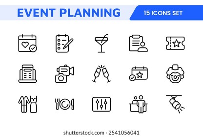 Symbolsatz für die Ereignisplanung. Stilvolle und funktionale Symbole für Organisatoren, ideal für Terminplanung, Veranstaltungsmanagement und Event-Promotion, ideal für Apps, Websites und Marketingmaterialien.