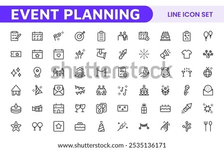 Event Planning Icon Set. Stylish and functional icons for organizers, perfect for scheduling, venue management, and event promotion, ideal for apps, websites, and marketing materials.
