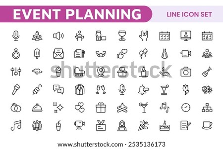 Event Planning Icon Set. Stylish and functional icons for organizers, perfect for scheduling, venue management, and event promotion, ideal for apps, websites, and marketing materials.