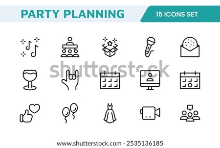 Event Planning Icon Set. Stylish and functional icons for organizers, perfect for scheduling, venue management, and event promotion, ideal for apps, websites, and marketing materials.