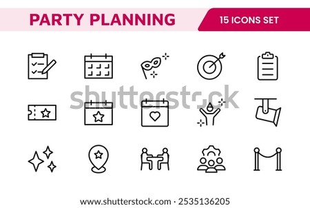 Event Planning Icon Set. Stylish and functional icons for organizers, perfect for scheduling, venue management, and event promotion, ideal for apps, websites, and marketing materials.