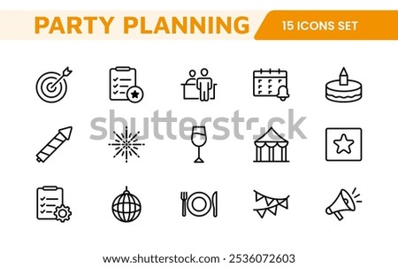 Event Planning Icon Set. Stylish and functional icons for organizers, perfect for scheduling, venue management, and event promotion, ideal for apps, websites, and marketing materials.