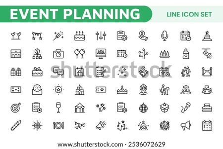 Event Planning Icon Set. Stylish and functional icons for organizers, perfect for scheduling, venue management, and event promotion, ideal for apps, websites, and marketing materials.