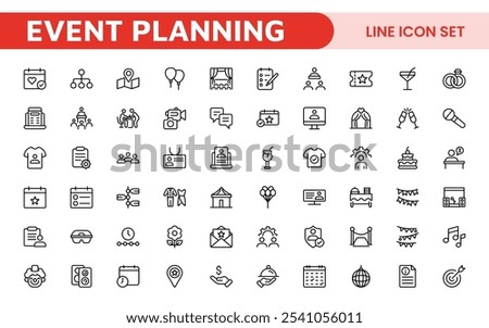 Event Planning Icon Set. Stylish and functional icons for organizers, perfect for scheduling, venue management, and event promotion, ideal for apps, websites, and marketing materials.