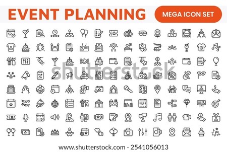 Event Planning Icon Set. Stylish and functional icons for organizers, perfect for scheduling, venue management, and event promotion, ideal for apps, websites, and marketing materials.