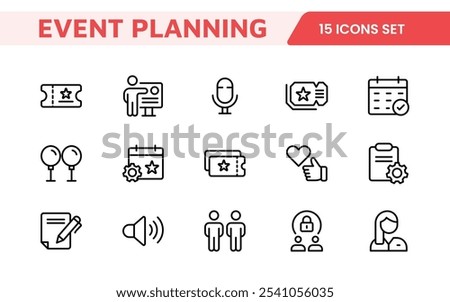 Event Planning Icon Set. Stylish and functional icons for organizers, perfect for scheduling, venue management, and event promotion, ideal for apps, websites, and marketing materials.