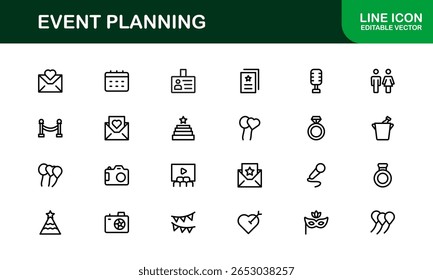 Conjunto de Ícones de Planejamento de Eventos em Estilo de Vetor com Calendário, Agenda, Local, Convite e Elementos de Festa