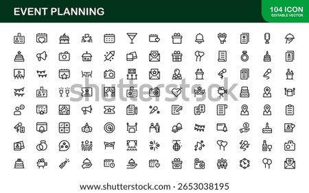 Event Planning Icon Set in Vector Style Featuring Calendar, Schedule, Venue, Invitation, and Party Elements