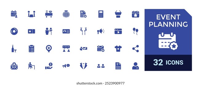 Event planning icons collection. Related to decorations, venue, glyph icon for web and ui. Filled icons pack, Solid icon set. Vector illustration.