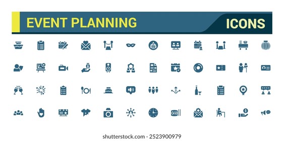 Coleção de ícones de planejamento de eventos. Relacionado a decorações, local, ícone de glifo para web e ui. Pacote de ícones preenchidos, Conjunto de ícones sólidos. Ilustração vetorial.