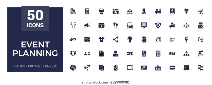 Event planning icons collection. Related to decorations, venue, glyph icon for web and ui. Filled icons pack, Solid icon set. Vector illustration.