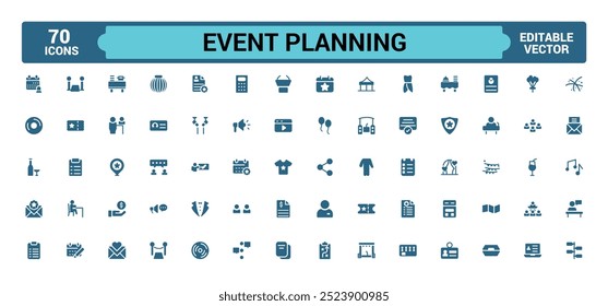 Event planning icons collection. Related to decorations, venue, glyph icon for web and ui. Filled icons pack, Solid icon set. Vector illustration.