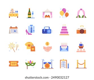 Event planning icons set. Colorful signs with party ticket, carnival mask, guest list and festive buffet. Holiday organization. Flat vector illustration collection isolated on white background